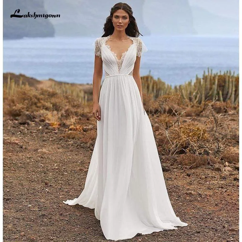 Roycebridal Simple Wedding Dress Soft Lace Chiffon A-Line Short Sleeve