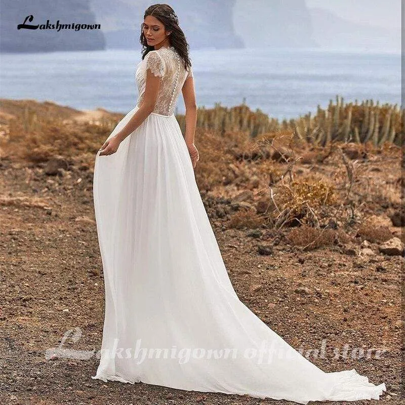 Roycebridal Simple Wedding Dress Soft Lace Chiffon A-Line Short Sleeve