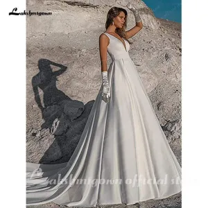 Roycebridal Simple White Satin Wedding Dress A Line
