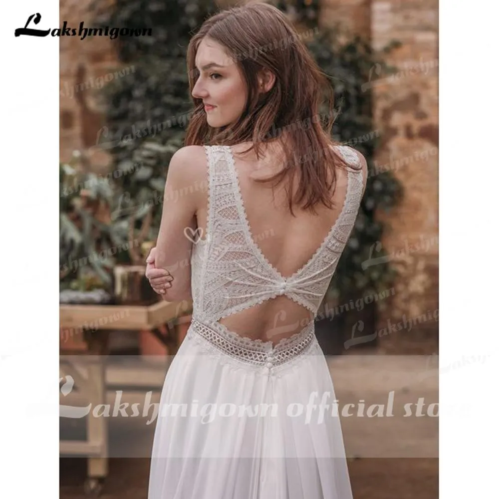 Roycebridal Sleeveless Open Back Lace Bocide Chiffon Wedding Dresses
