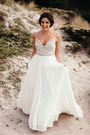 Roycebridal Spaghetti Strap Beaded Wedding Dress Ivory Chiffon Rustic Wedding Dress,MW328