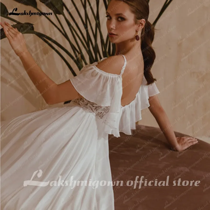 Roycebridal Spaghetti Straps Boho Bridal Dress A Line Chiffon Wedding Dresses 2021 V-neck Cap Short Sleeves Sukienki Damskie Lakshmigown