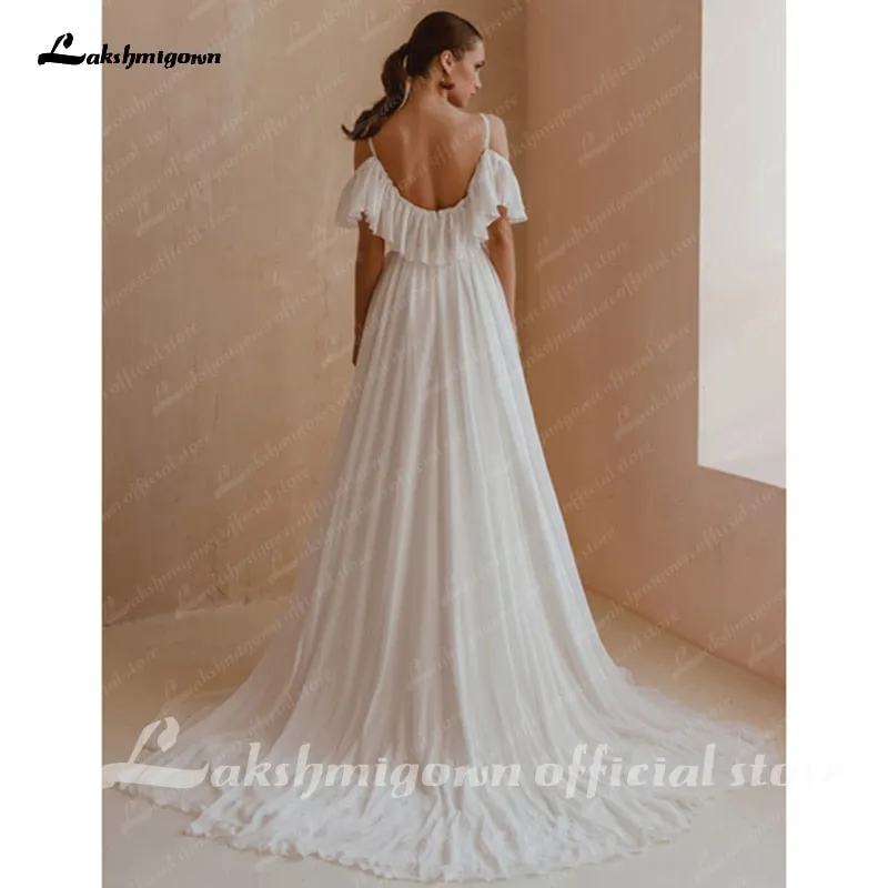 Roycebridal Spaghetti Straps Boho Bridal Dress A Line Chiffon Wedding Dresses 2021 V-neck Cap Short Sleeves Sukienki Damskie Lakshmigown