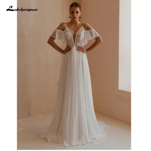 Roycebridal Spaghetti Straps Boho Bridal Dress A Line Chiffon Wedding Dresses 2021 V-neck Cap Short Sleeves Sukienki Damskie Lakshmigown