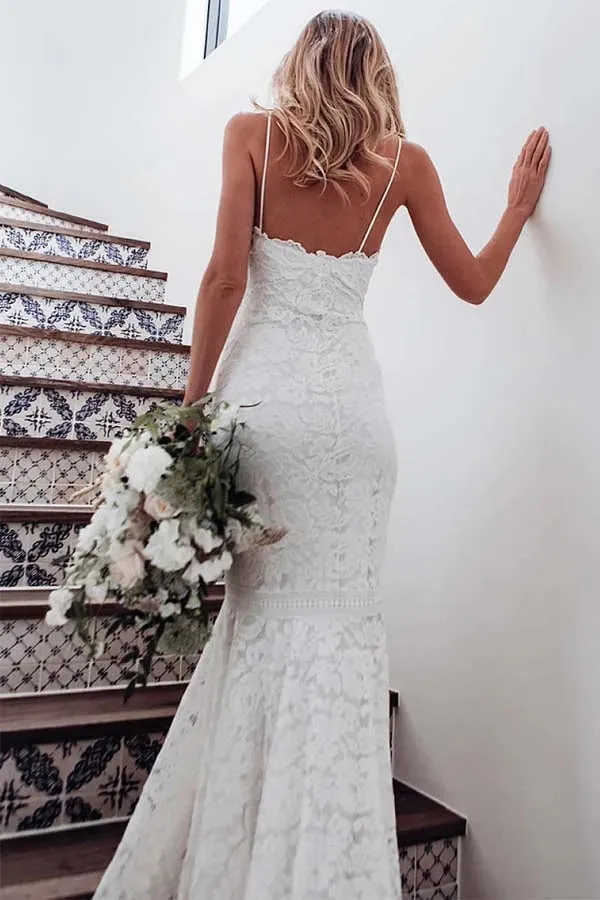 Roycebridal Spaghetti Straps Mermaid All Over Lace Sleeveless White Wedding Dress,MW354