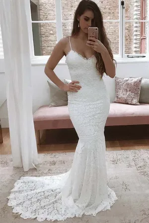 Roycebridal Spaghetti Straps Mermaid All Over Lace Sleeveless White Wedding Dress,MW354