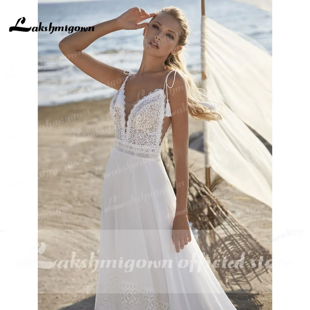 Roycebridal Spaghetti Straps Wedding Dresses Bohemian Beach Lace Bocide  vestido para boda playa Lakshmigown Wedding Gowns For Bride Robe De