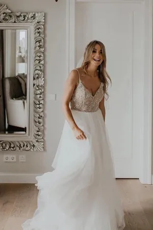 Roycebridal Spahetti Straps Full Beaded Bodice Wedding Dress with Sequin Net Wedding Dress,MW358
