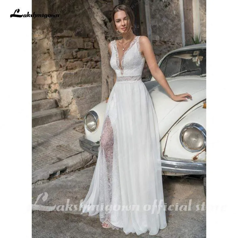 Roycebridal Split Lace Bridal Dress Summer Wedding Dresses Sexy Lace V neck A Line