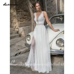 Roycebridal Split Lace Bridal Dress Summer Wedding Dresses Sexy Lace V neck A Line
