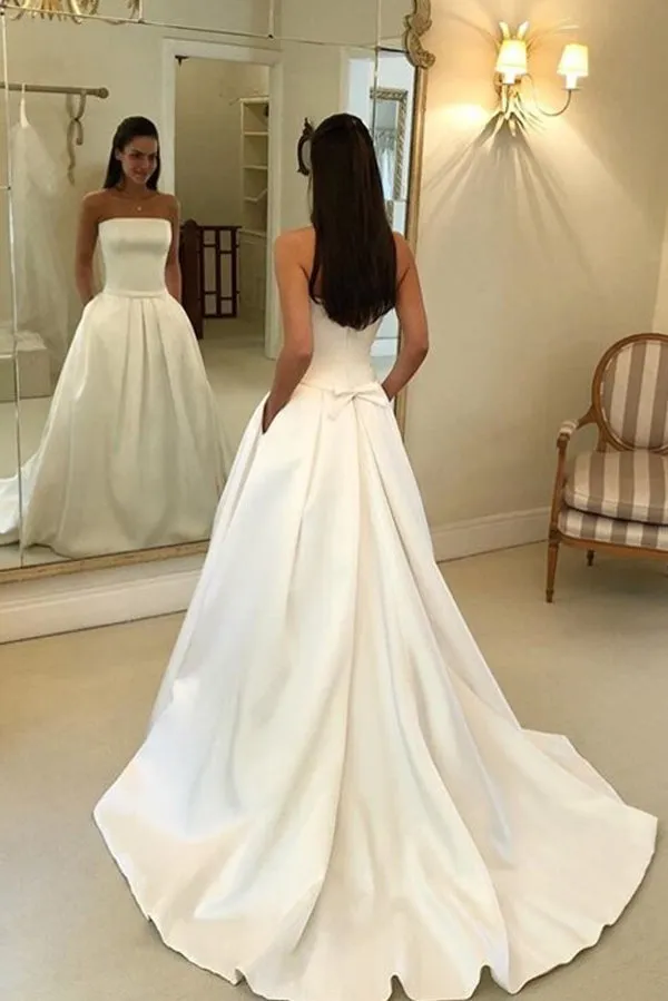 Roycebridal Straps Simple Ivory Satin A-line Pleated Wedding Dresses with Court Train Bridal Dresses,MW368