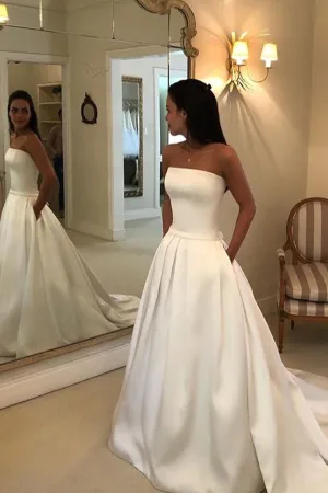 Roycebridal Straps Simple Ivory Satin A-line Pleated Wedding Dresses with Court Train Bridal Dresses,MW368