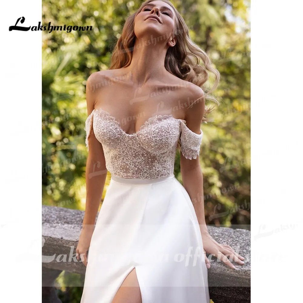 Roycebridal suknie weselne 2021 Newest Two Pieces High Split Off The Shoulder Wedding Dresses With Back Buttons vestidos de mujer boda