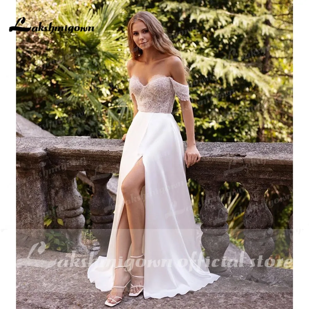 Roycebridal suknie weselne 2021 Newest Two Pieces High Split Off The Shoulder Wedding Dresses With Back Buttons vestidos de mujer boda