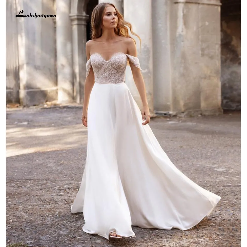 Roycebridal suknie weselne 2021 Newest Two Pieces High Split Off The Shoulder Wedding Dresses With Back Buttons vestidos de mujer boda