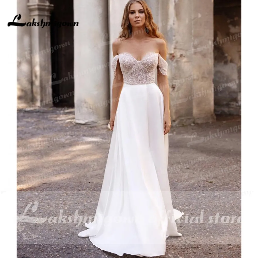 Roycebridal suknie weselne 2021 Newest Two Pieces High Split Off The Shoulder Wedding Dresses With Back Buttons vestidos de mujer boda