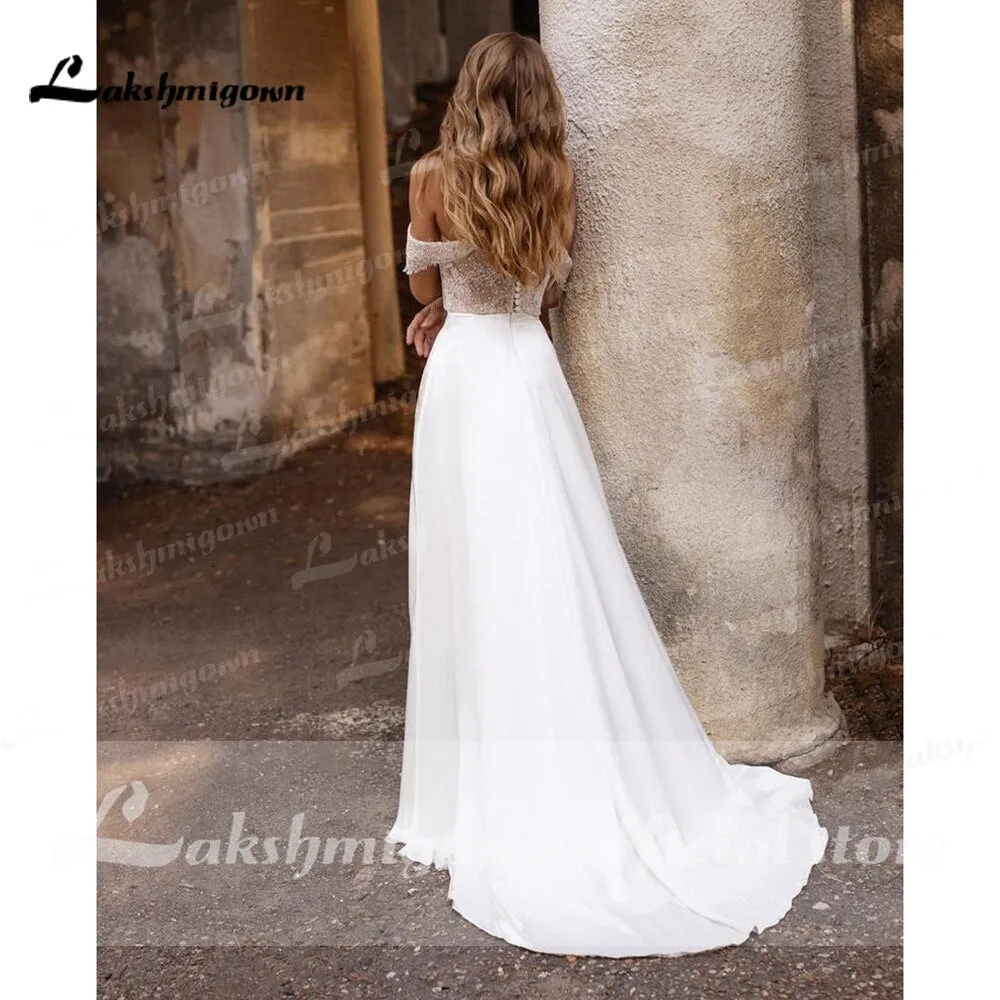 Roycebridal suknie weselne 2021 Newest Two Pieces High Split Off The Shoulder Wedding Dresses With Back Buttons vestidos de mujer boda
