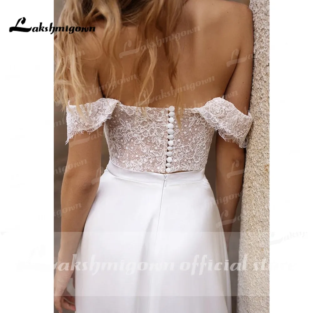 Roycebridal suknie weselne 2021 Newest Two Pieces High Split Off The Shoulder Wedding Dresses With Back Buttons vestidos de mujer boda