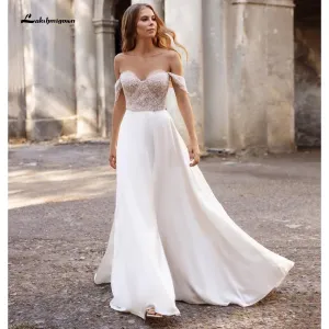 Roycebridal suknie weselne 2021 Newest Two Pieces High Split Off The Shoulder Wedding Dresses With Back Buttons vestidos de mujer boda