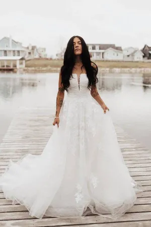 Roycebridal Tulle A-line Strapless Wedding Dresses With Lace Appliques, Bridal Gown, MW900