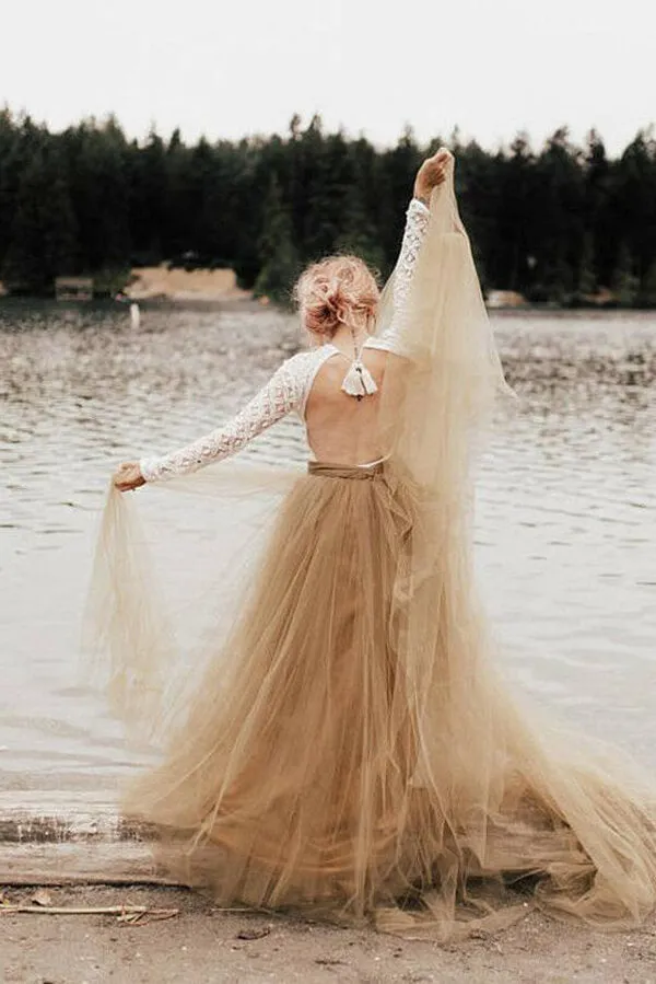 Roycebridal Tulle A-Line Two Pieces Long Sleeves Backless Wedding Dresses, MW530