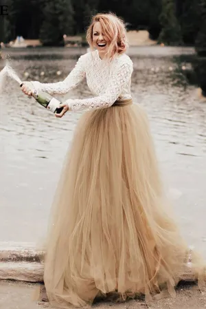 Roycebridal Tulle A-Line Two Pieces Long Sleeves Backless Wedding Dresses, MW530
