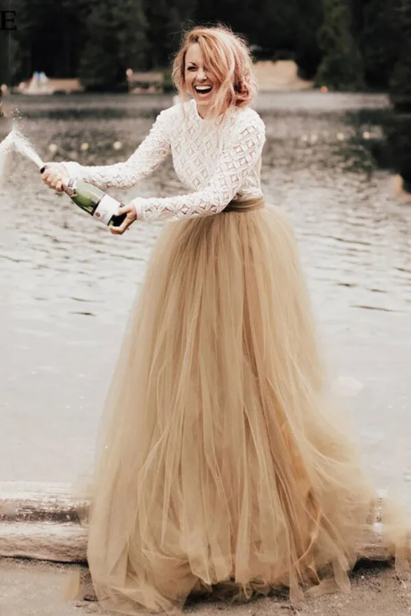 Roycebridal Tulle A-Line Two Pieces Long Sleeves Backless Wedding Dresses, MW530