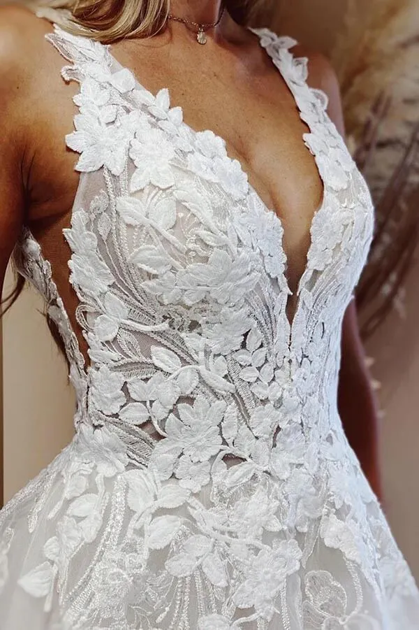 Roycebridal Tulle Ball Gown V-neck Lace Appliques Wedding Dresses, Bridal Gown, MW876