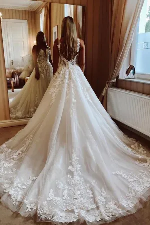 Roycebridal Tulle Ball Gown V-neck Lace Appliques Wedding Dresses, Bridal Gown, MW876