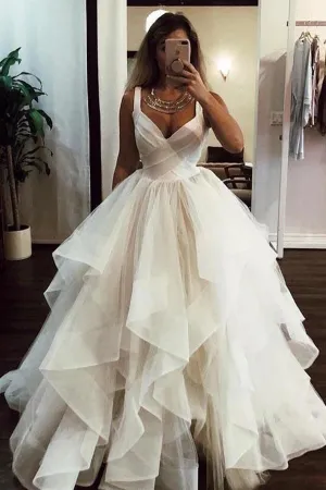 Roycebridal Tulle Ball Gown Wedding Dress with Straps Backless V-neck Bridal Gown,MW450