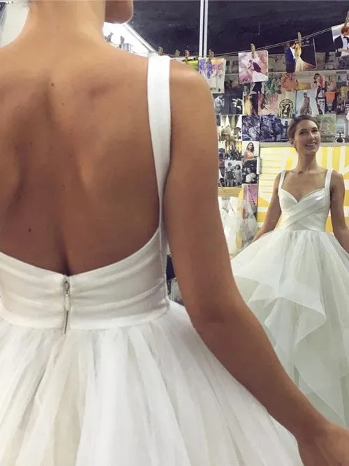 Roycebridal Tulle Ball Gown Wedding Dress with Straps Backless V-neck Bridal Gown,MW450