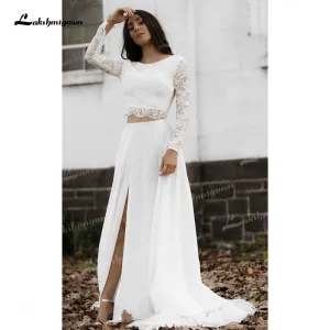 Roycebridal Two Piece A-Line Wedding Dresses Boat Neck Lace Corset Illusion Long Sleeve Sexy Open Back Sweep/Brush Train Chiffon Bride Gowns