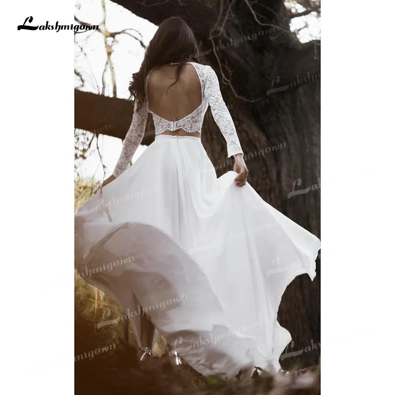 Roycebridal Two Piece A-Line Wedding Dresses Boat Neck Lace Corset Illusion Long Sleeve Sexy Open Back Sweep/Brush Train Chiffon Bride Gowns