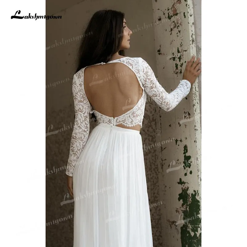 Roycebridal Two Piece A-Line Wedding Dresses Boat Neck Lace Corset Illusion Long Sleeve Sexy Open Back Sweep/Brush Train Chiffon Bride Gowns