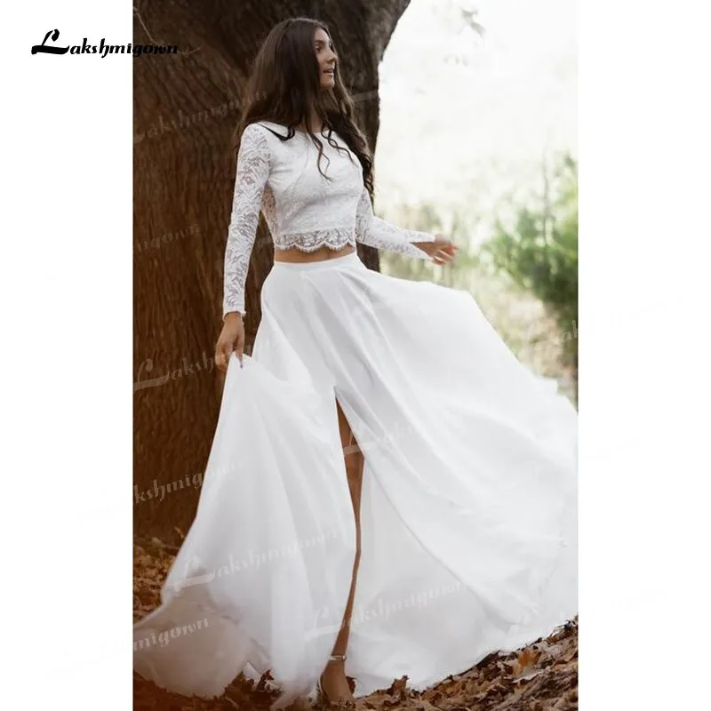 Roycebridal Two Piece A-Line Wedding Dresses Boat Neck Lace Corset Illusion Long Sleeve Sexy Open Back Sweep/Brush Train Chiffon Bride Gowns