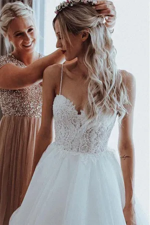 Roycebridal Unique A-line Tulle Spaghetti Straps Backless Wedding Dresses Online, MW499