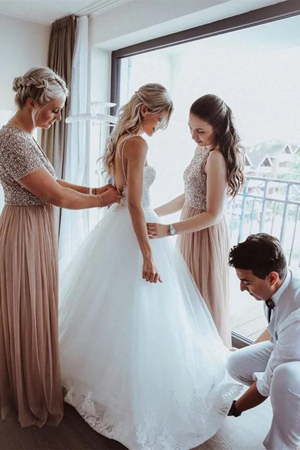 Roycebridal Unique A-line Tulle Spaghetti Straps Backless Wedding Dresses Online, MW499