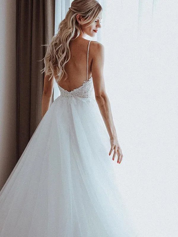 Roycebridal Unique A-line Tulle Spaghetti Straps Backless Wedding Dresses Online, MW499