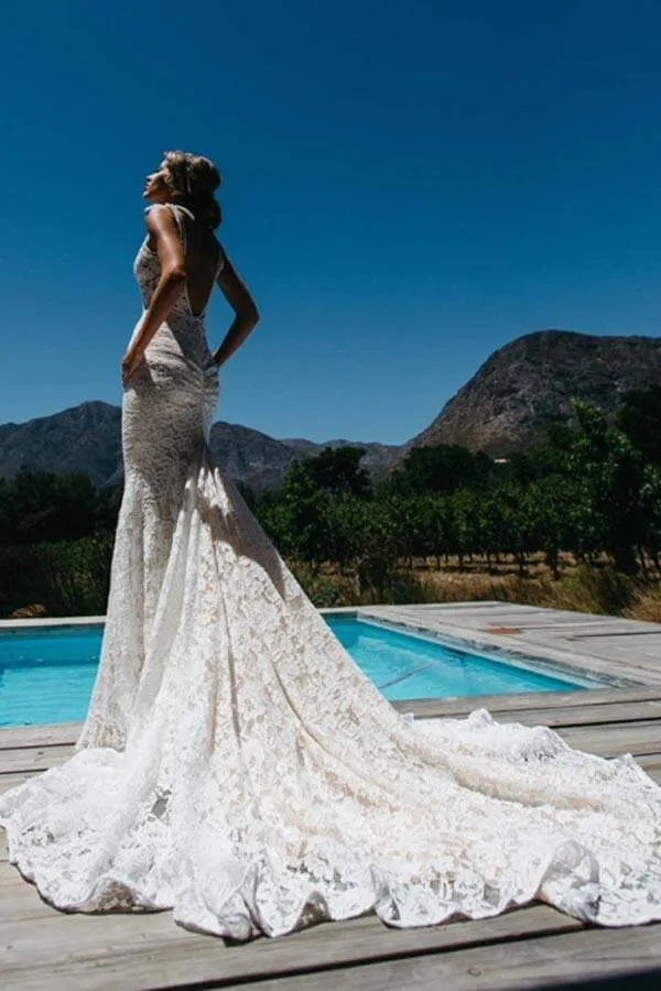 Roycebridal V-neck Sleeveless Mermaid Backless Lace Pocket Wedding Dress With Court Train,MW398