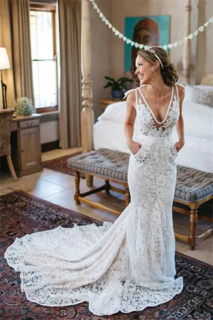 Roycebridal V-neck Sleeveless Mermaid Backless Lace Pocket Wedding Dress With Court Train,MW398