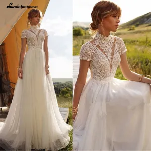 Roycebridal Vintage Boho Wedding Dress Lace Tulle High Neck Cap Sleeves A Line Bohemian Bridal Gowns  Ivory ELegant Bride Dress