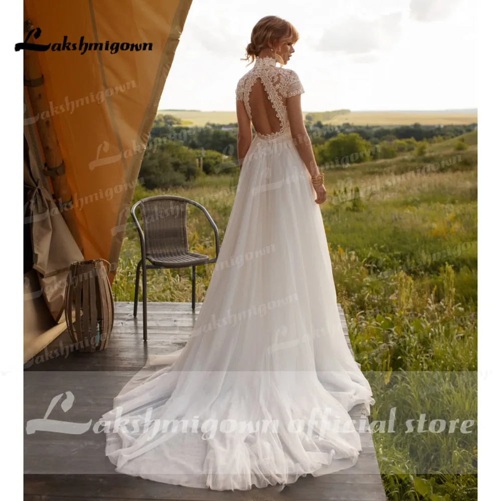 Roycebridal Vintage Boho Wedding Dress Lace Tulle High Neck Cap Sleeves A Line Bohemian Bridal Gowns  Ivory ELegant Bride Dress