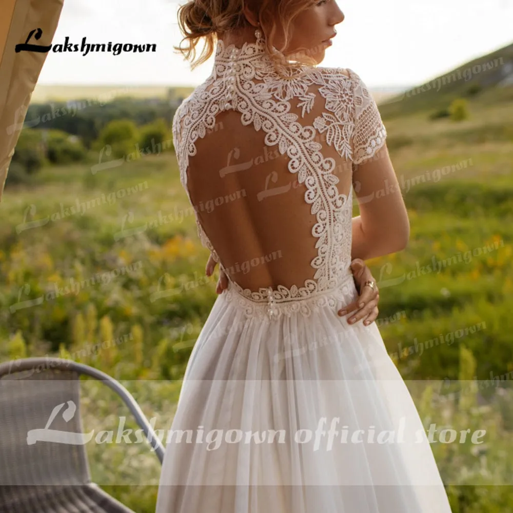 Roycebridal Vintage Boho Wedding Dress Lace Tulle High Neck Cap Sleeves A Line Bohemian Bridal Gowns  Ivory ELegant Bride Dress