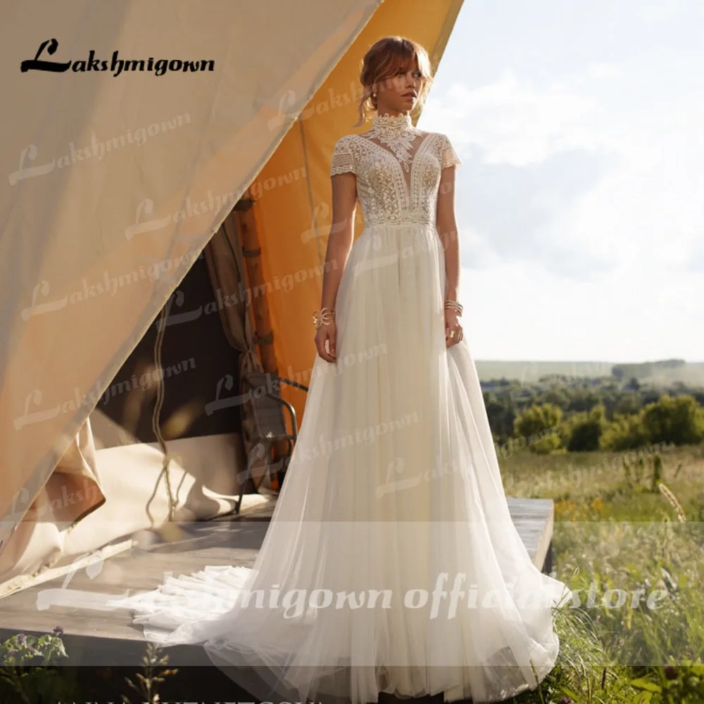 Roycebridal Vintage Boho Wedding Dress Lace Tulle High Neck Cap Sleeves A Line Bohemian Bridal Gowns  Ivory ELegant Bride Dress