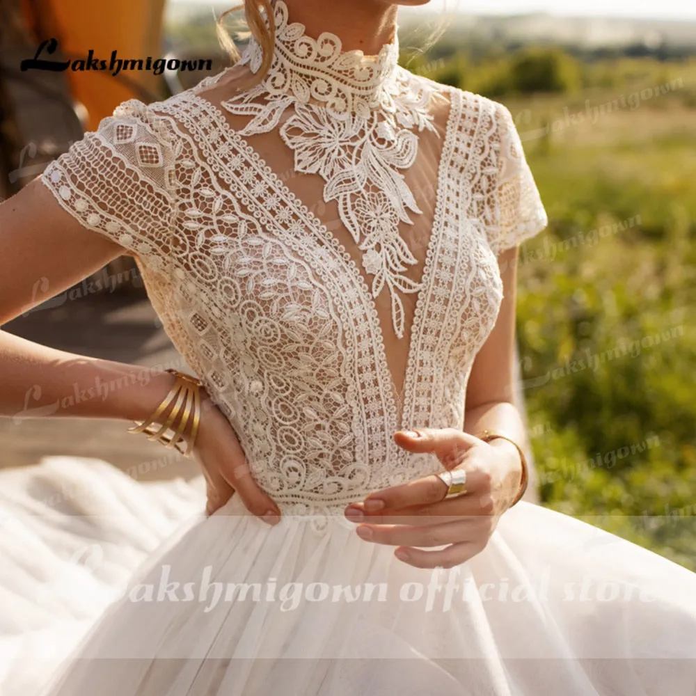 Roycebridal Vintage Boho Wedding Dress Lace Tulle High Neck Cap Sleeves A Line Bohemian Bridal Gowns  Ivory ELegant Bride Dress