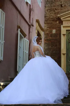 Roycebridal Vintage Long Sleeve Beadings Ball Gown Tulle Wedding Dress,MW297