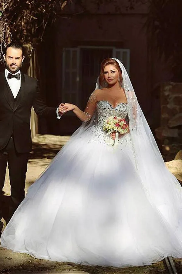 Roycebridal Vintage Long Sleeve Beadings Ball Gown Tulle Wedding Dress,MW297