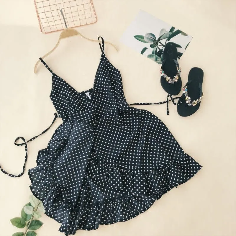 Ruffled V-collar Sleeveless Sling Dress