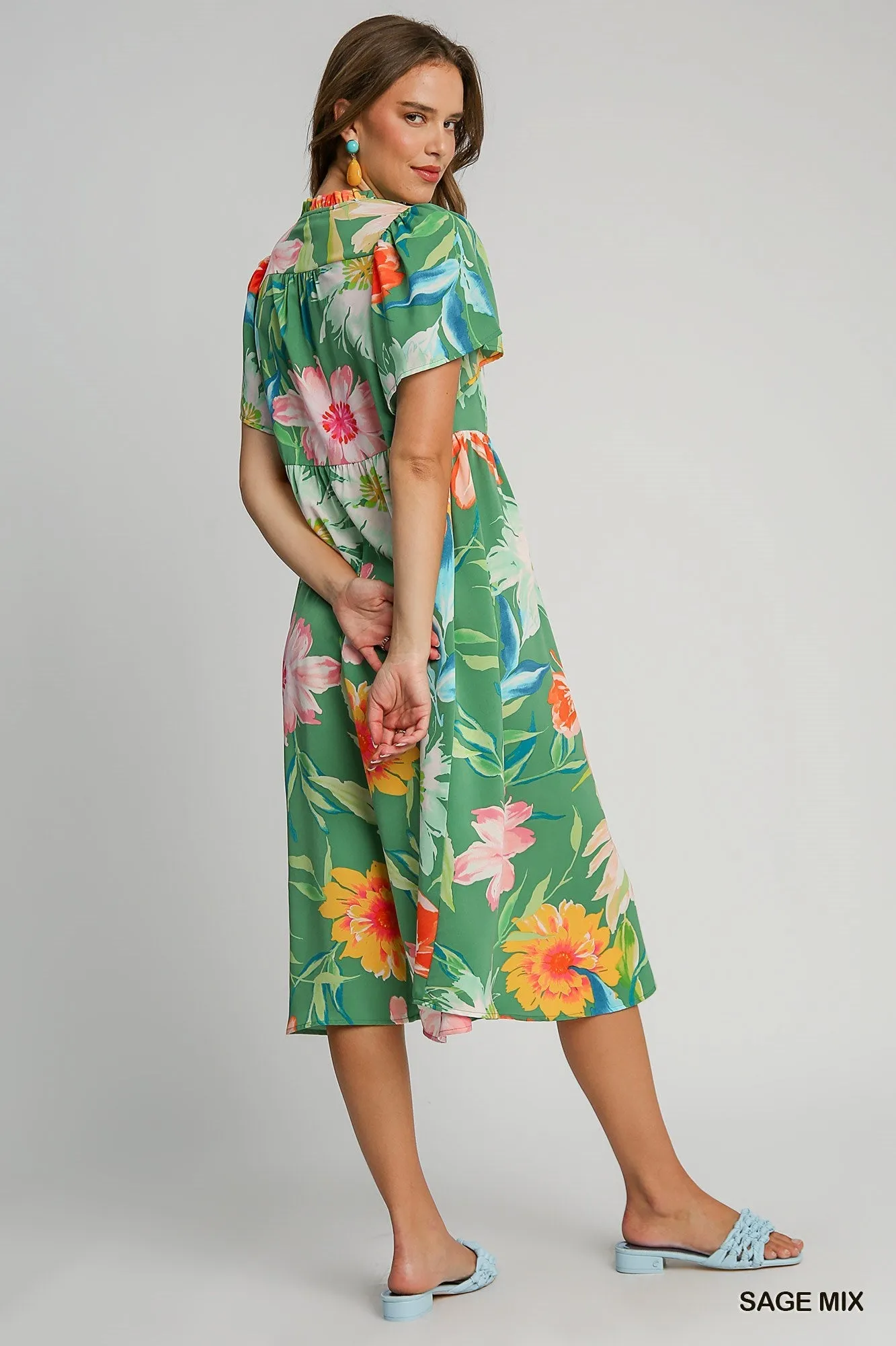 Sage Green Mixed Floral Print Midi Dress