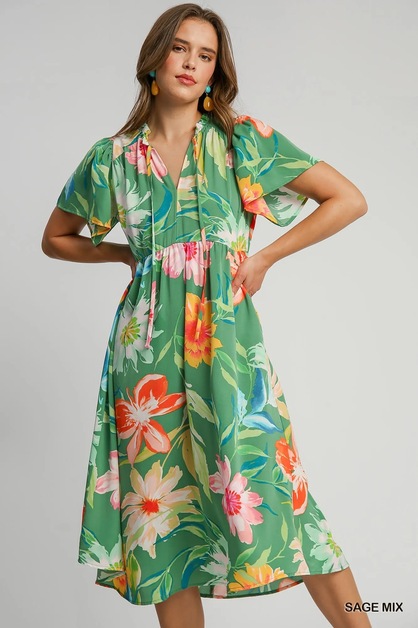 Sage Green Mixed Floral Print Midi Dress